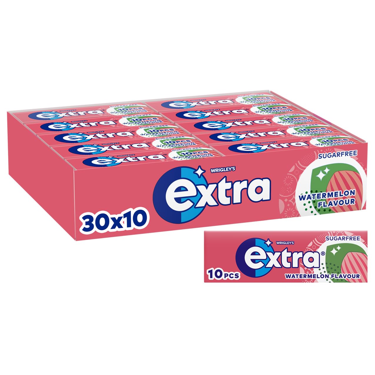 Extra - Watermelon Flavour Sugar Free Chewing Gum, 30 Packs of 10 Pieces
