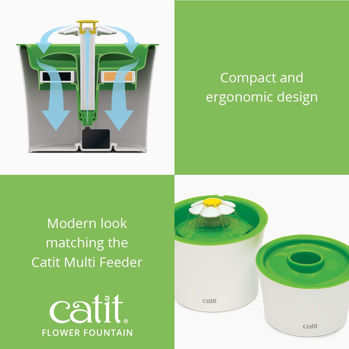 Catit Flower Cat Water Fountain | 3 Flow Settings | Triple Action Filtration | Green 7