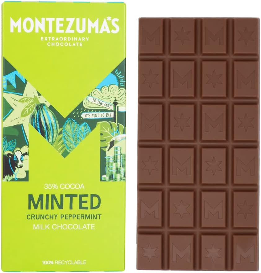 Montezuma's - Geprägte Milchschokolade mit 35 % Kakao und Pfefferminze, glutenfrei, 90 g Riegel