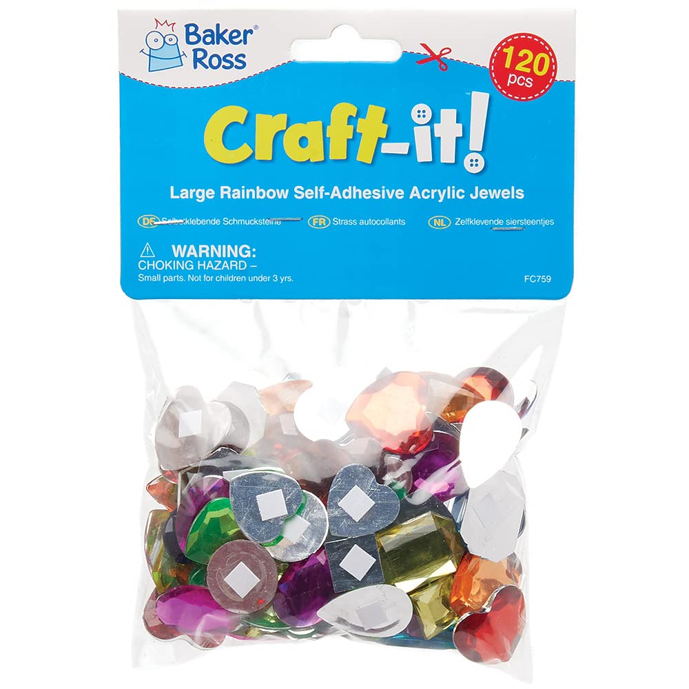 Baker Ross FC759 Large Rainbow Self-Adhesive Gems - Pack of 120, 6 Shapes & 7 Colors, 15mm-25mm, Peel and Stick Craft Embellishments 4