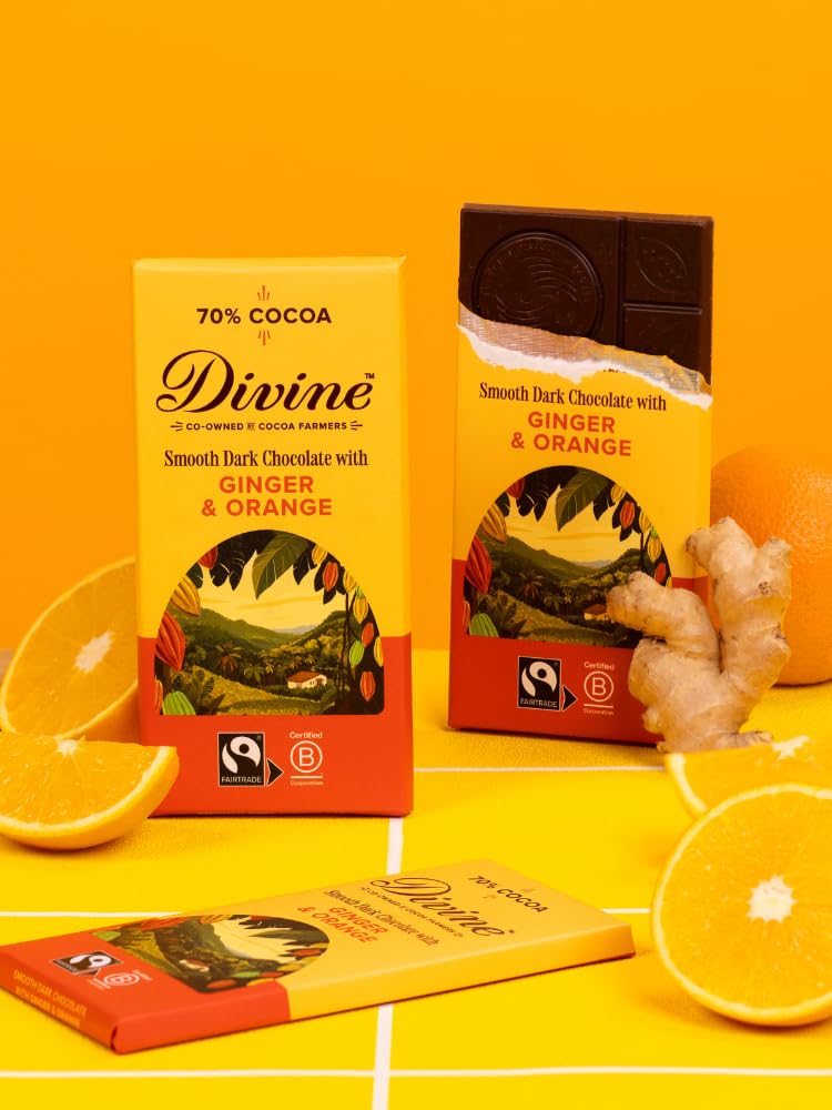 Divine 70% Cocoa Dark Chocolate with Ginger & Orange Bar | 90g Fairtrade