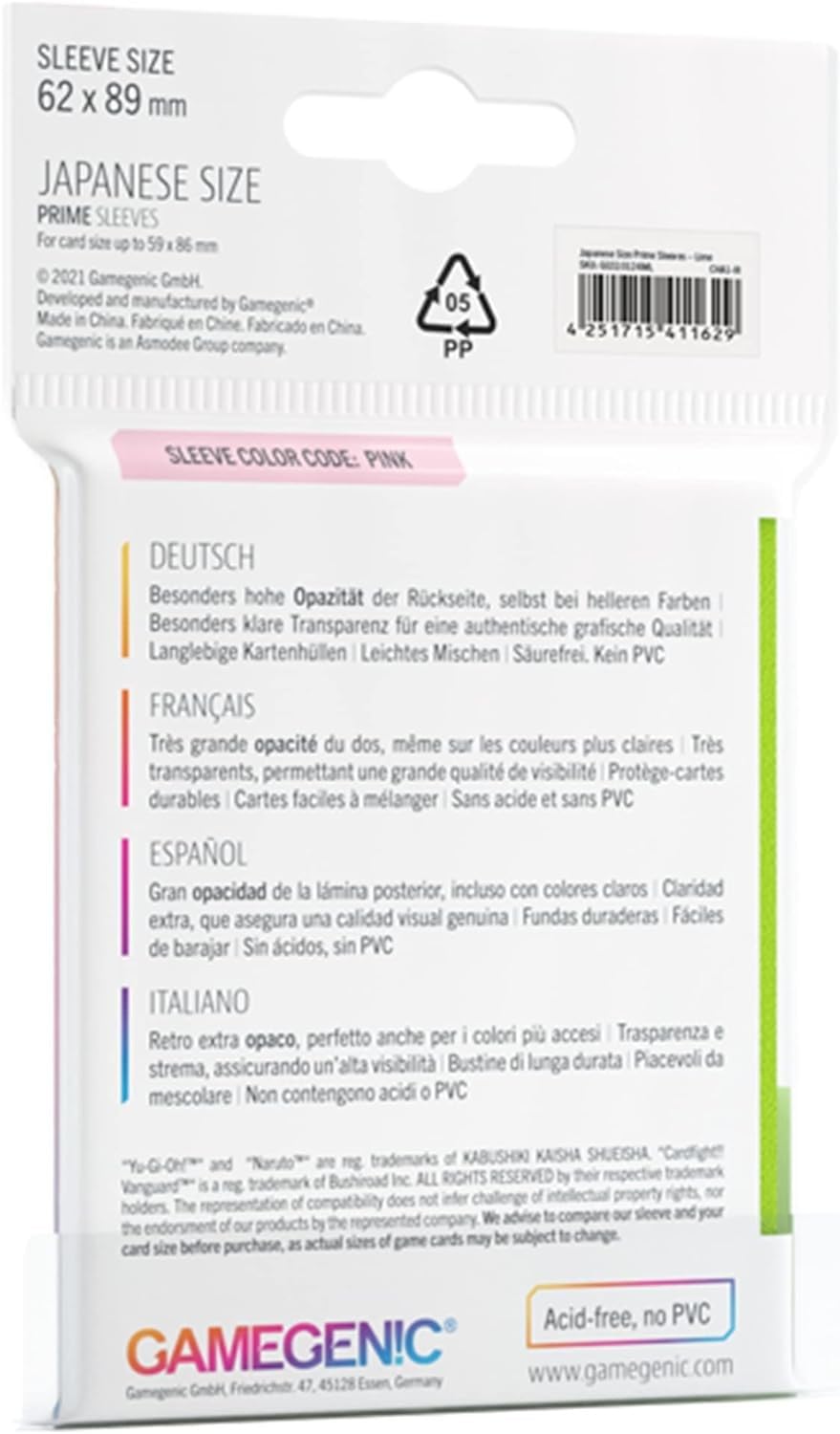 Gamegenic Prime Japanese-Sized Card Sleeves - Pack of 60 - Lime