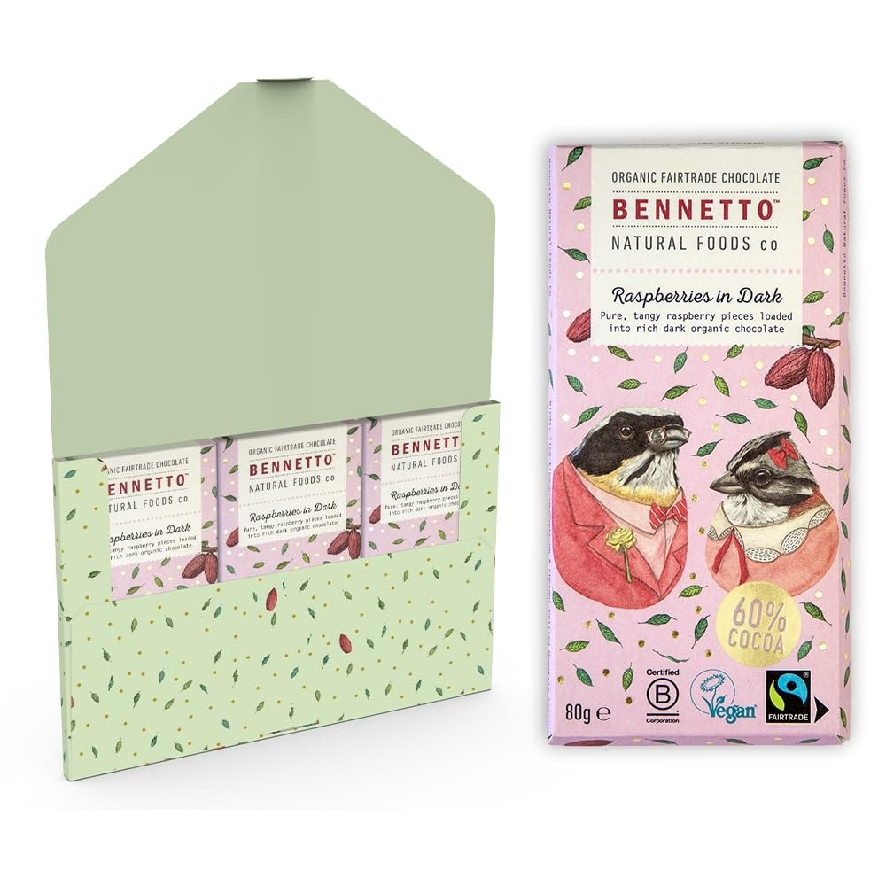 Bennetto Himbeeren in dunkler Schokoladentafel – Bio, Vegan, Fairtrade, 60 % Kakao