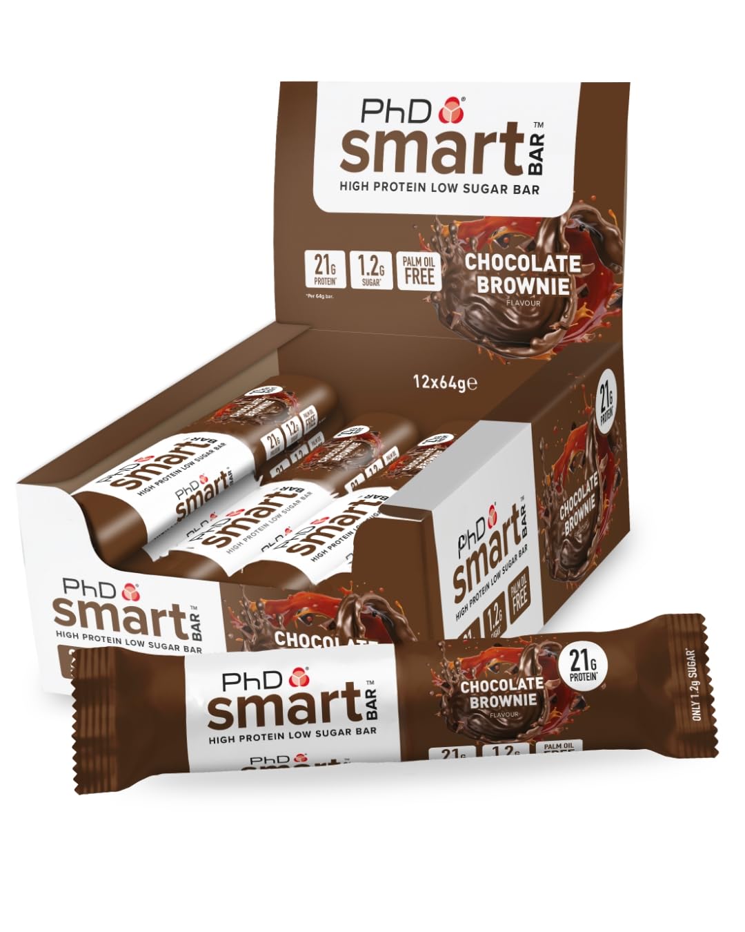 PhD Nutrition Smart Protein Bar Low Calorie, High Protein Low Sugar, Chocolate Brownie Flavour, 21g Protein, 64g Bar (12 Pack)
