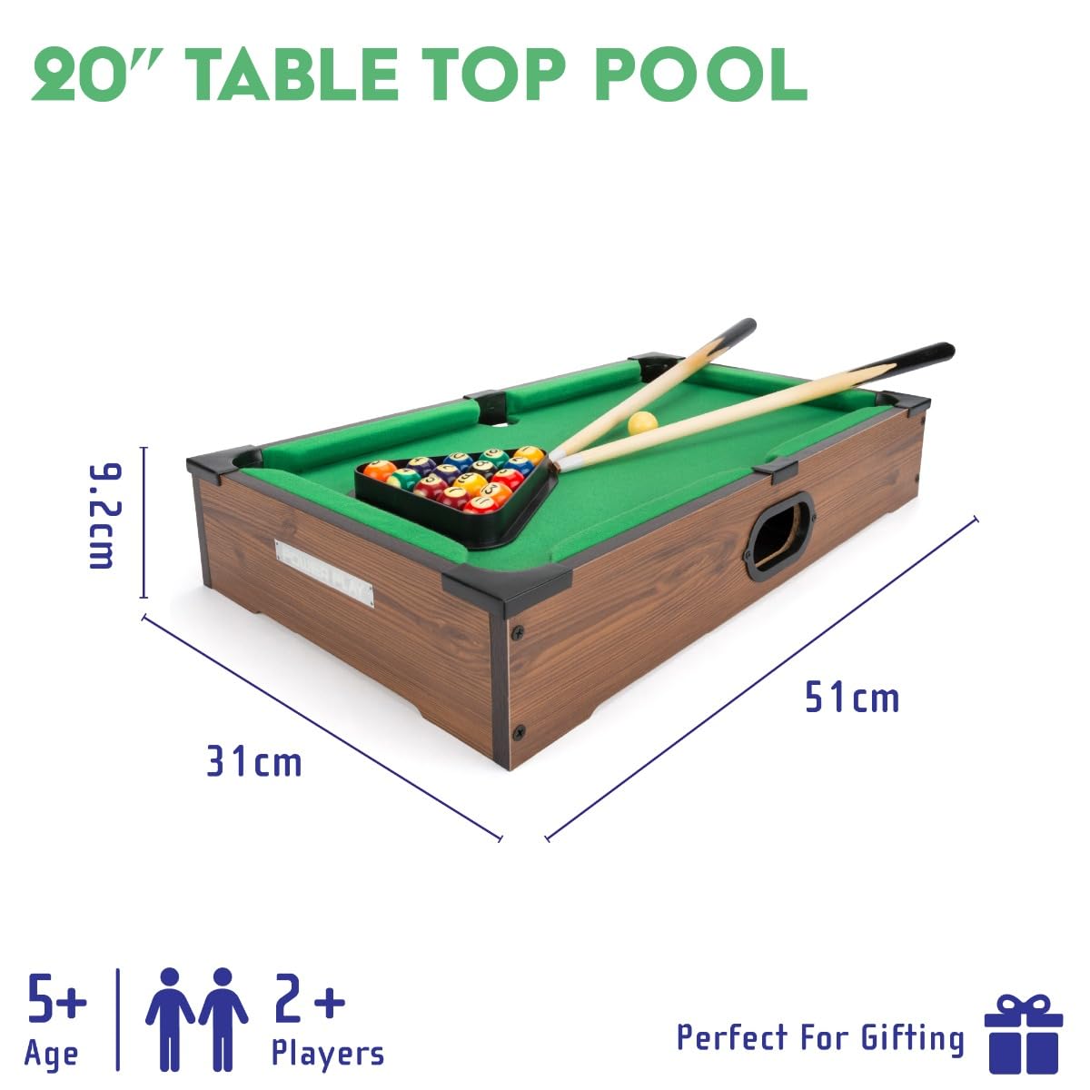Power Play 20 Inch Table Top Pool Game | Wood Construction | Includes 2 Cues & 16 Balls 6