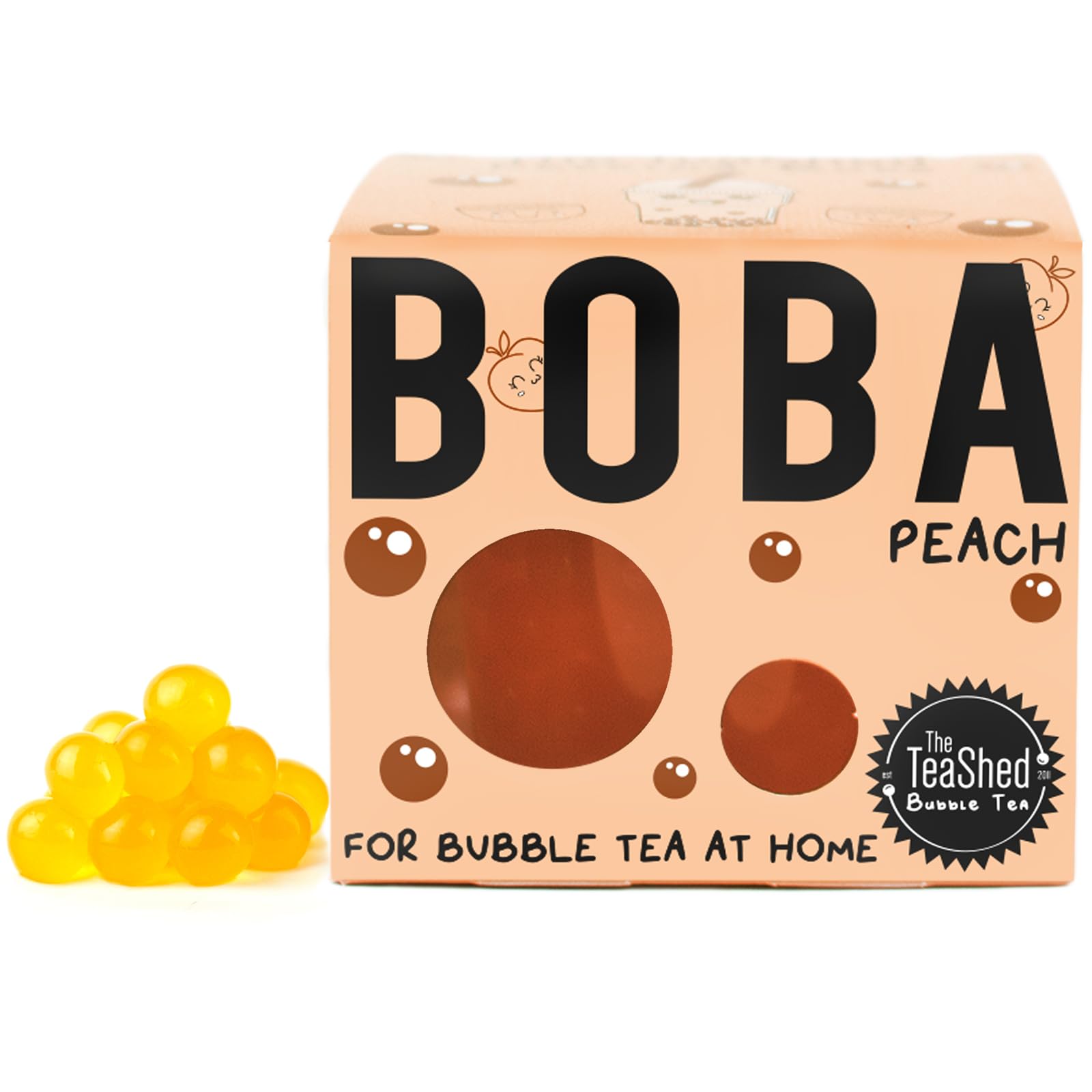 The TeaShed Peach Fruit Juice Filled Popping Boba - 150g Pot | Vegan | Made with Real Juice 1