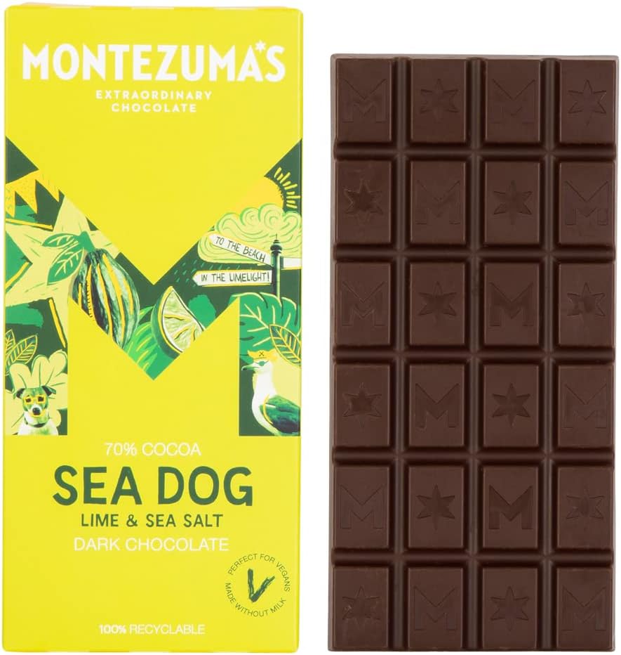 Montezuma - Sea Dog 70% Kakao Zartbitterschokolade mit Meersalz und Limette, veganer glutenfreier Riegel