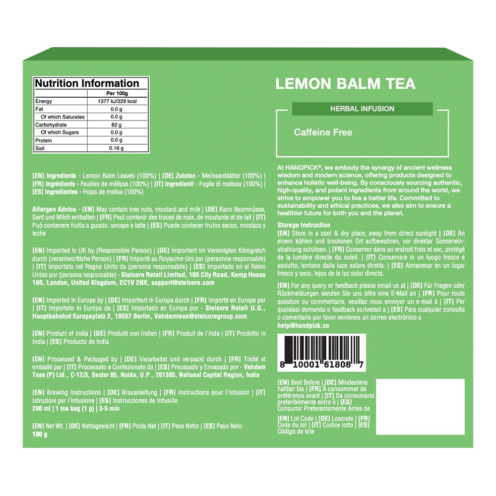 HANDPICK Lemon Balm Tea Bags – 100 Count | Caffeine-Free, Gluten-Free Herbal Tea from India 7