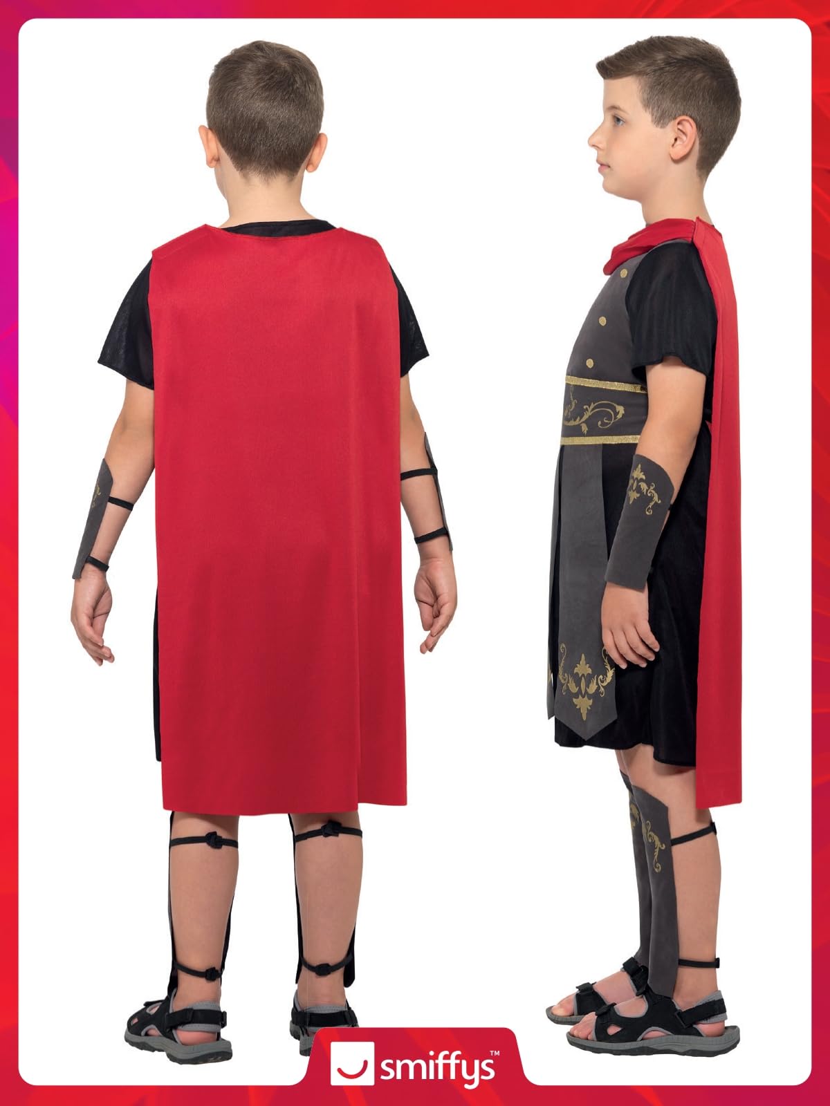 Smiffys Roman Soldier Costume Boys Black Tunic with Attached Cape Arm and Leg Cuffs, Child Gladiator Warrior Fancy Dress Outfit for World Book Day Halloween Parties Age 7-9 4