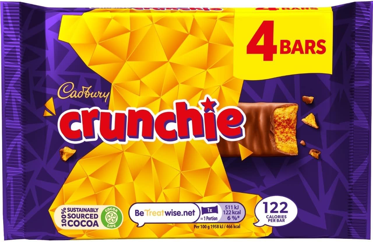 Cadbury Crunchie Milk Chocolate Bar with Honeycomb Centre - 4 x 32g Multipack