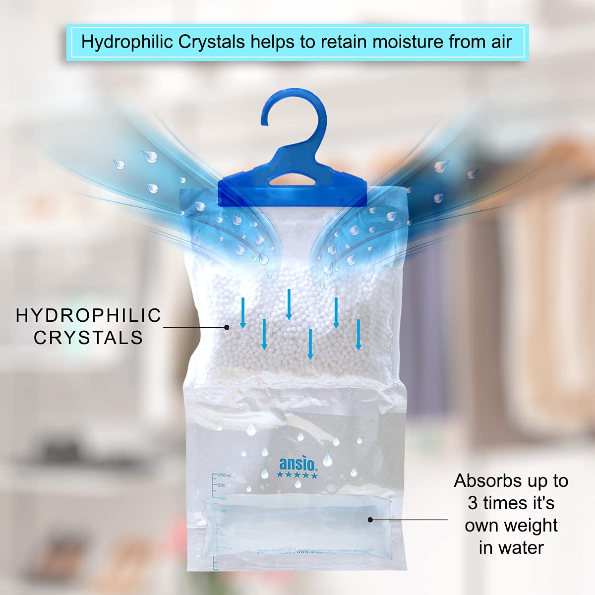 ANSIO Wardrobe Dehumidifier Disposable Hanging Bags - Pack of 3 | Absorbs Damp & Condensation 3
