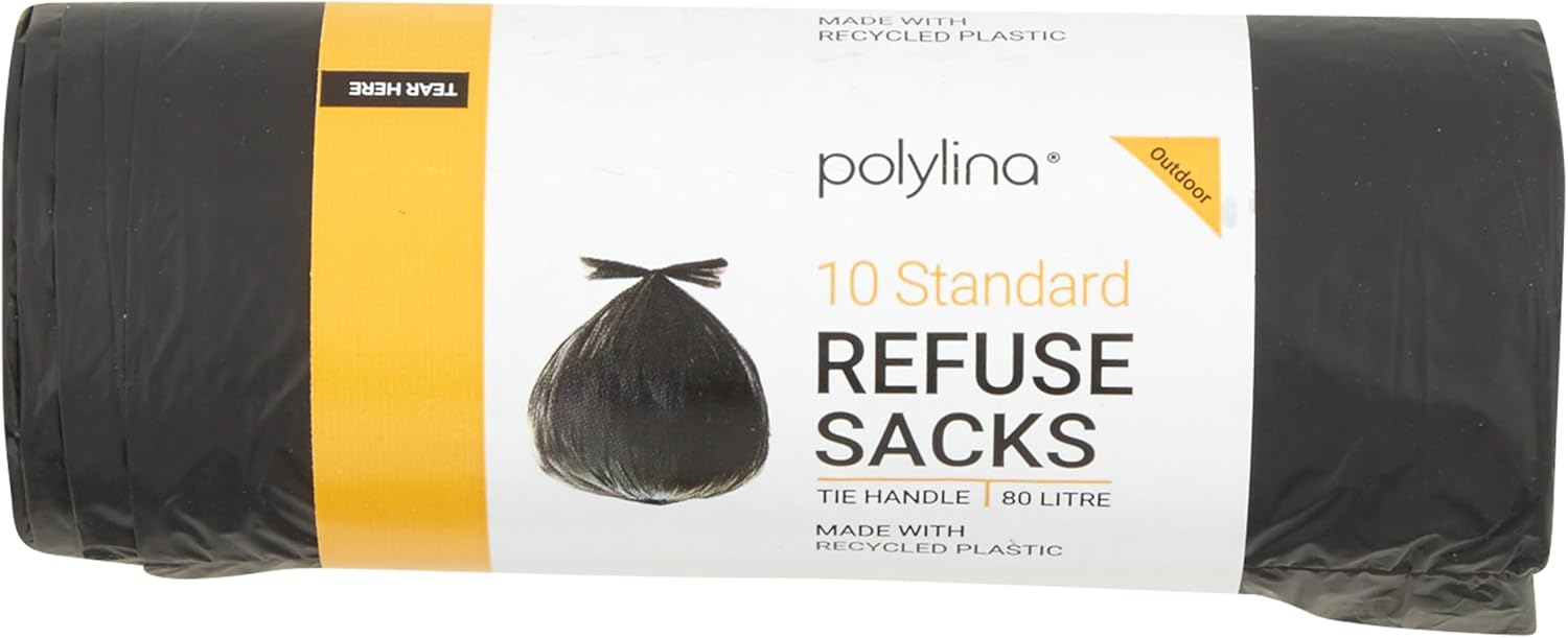 Polylina 10er-Pack Müllsäcke mit Bindegriff, 80 Liter schwarze Müllsäcke aus recyceltem Kunststoff