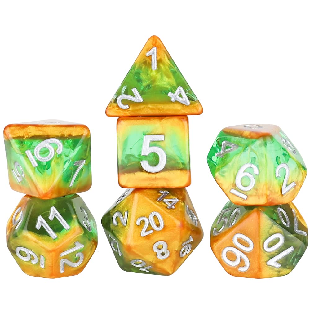 Sirius Dice Rainforest Polyhedral RPG Dice Set - 7 Pieces | Vibrant Green & Gold | Includes Extra D20
