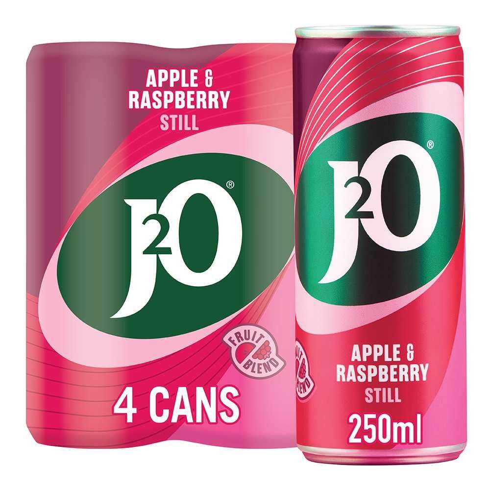 J2O Apple & Raspberry Flavoured Fruit Drink Cans - 4 x 250ml 6