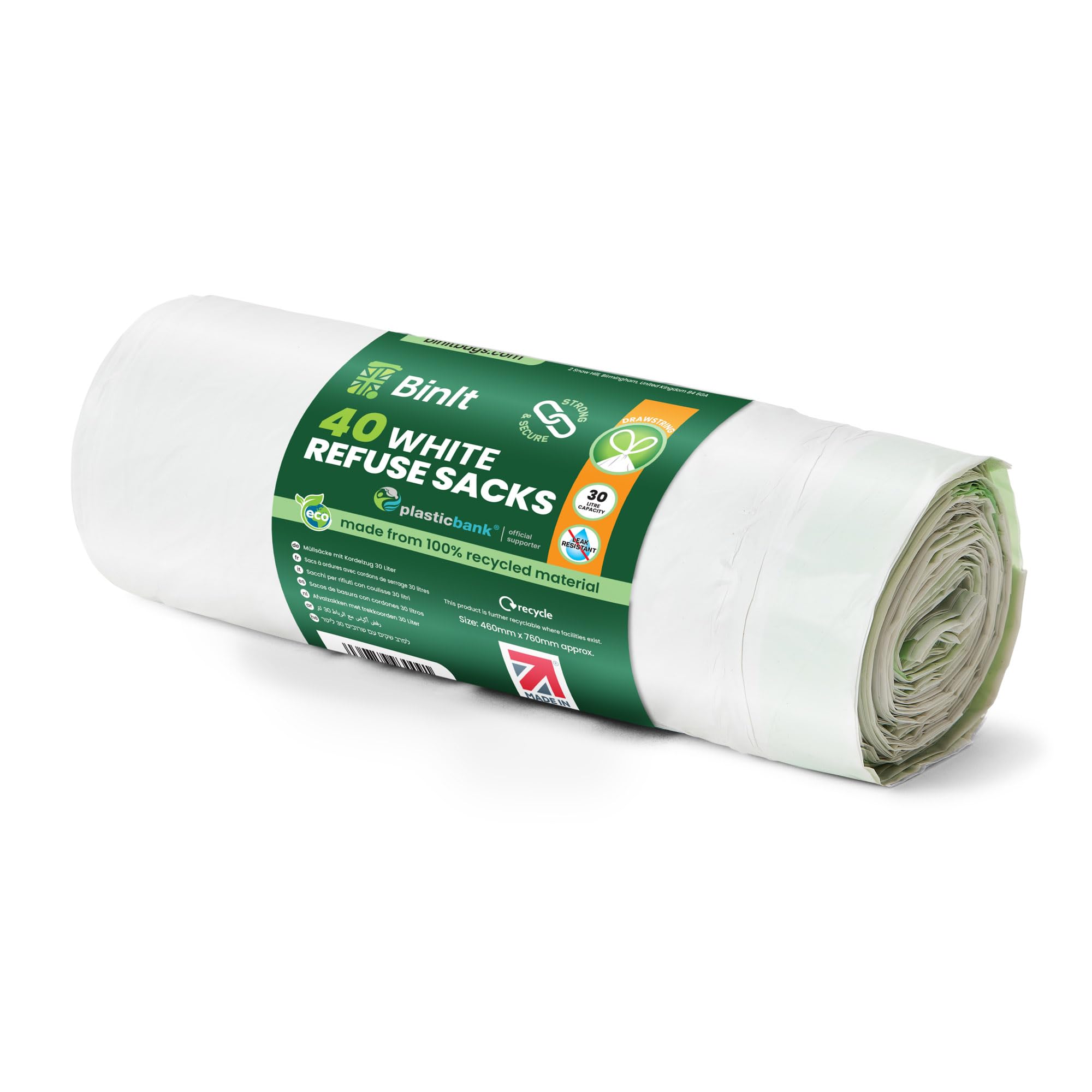 BIN IT 40 White Drawstring 30L Recycled Strong & Secure Refuse Sacks