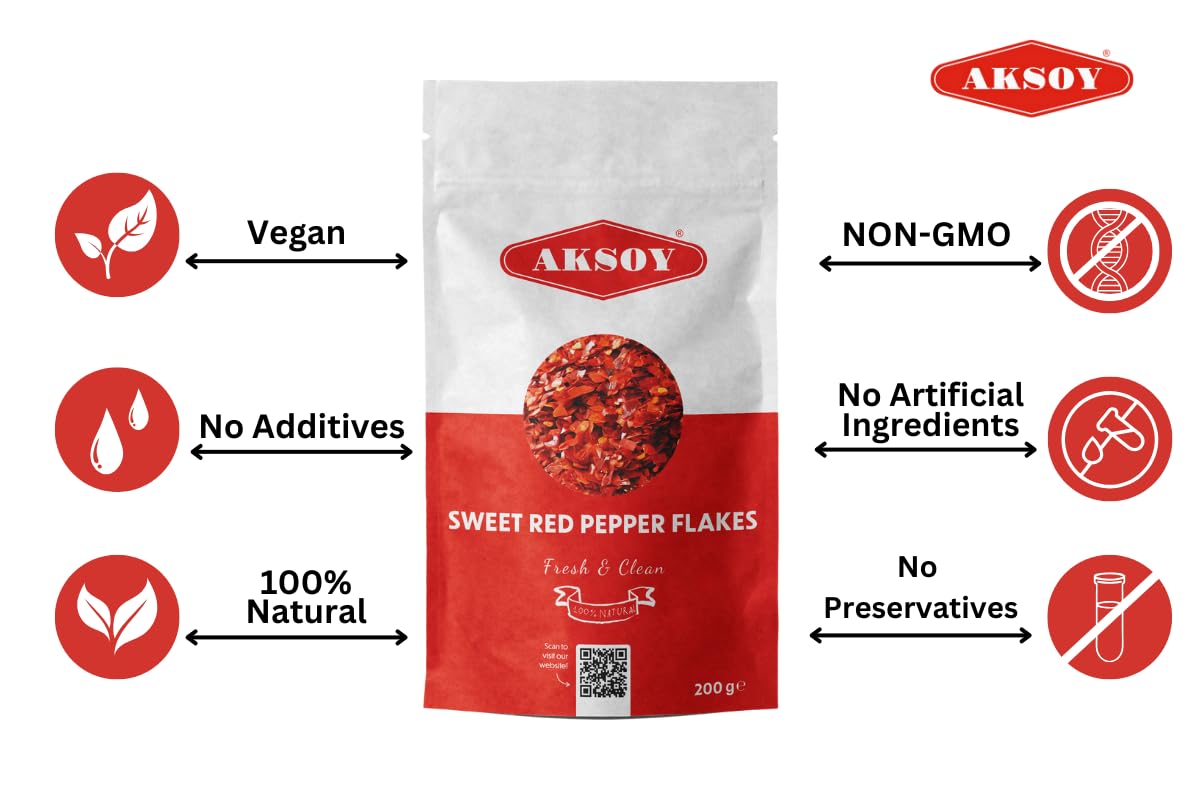 Aksoy Premium Turkish Sweet Red Pepper Flakes 200g - Mild & Sweet Flavor, Resealable Pack 7