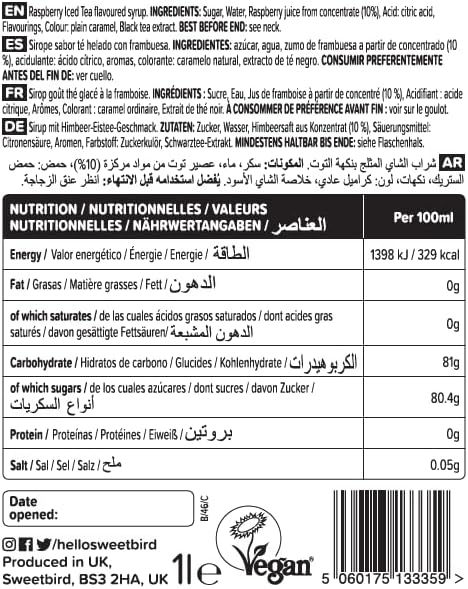 Sweetbird Raspberry Iced Tea Syrup (1 Litre) - Vegan Friendly