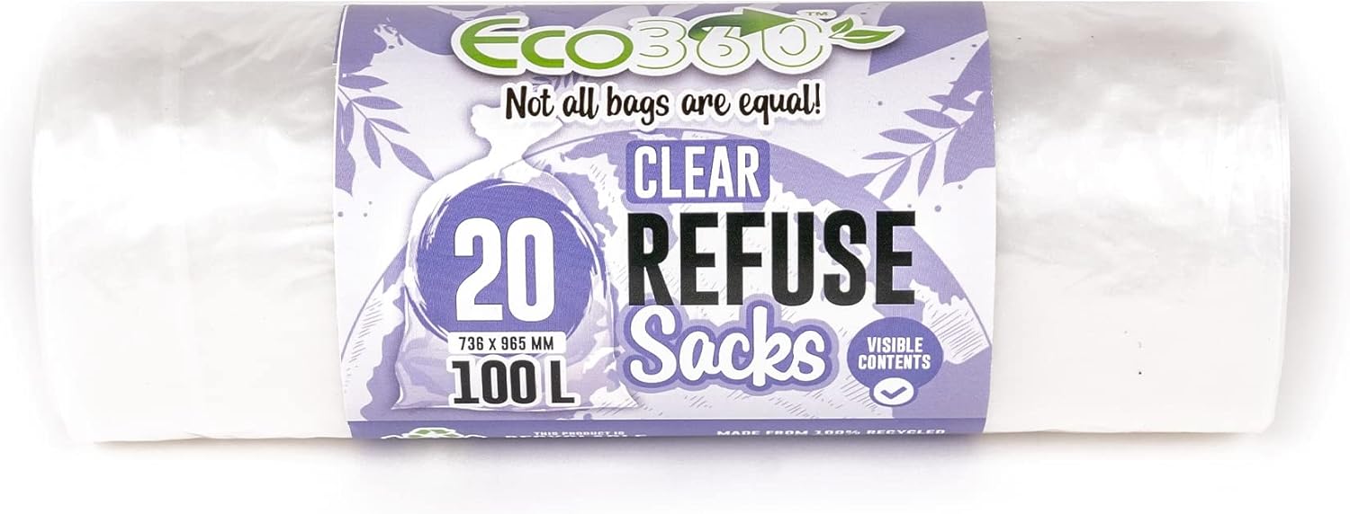 EcoBag 20-Pack Heavy Duty Refuse Sacks 100L - 736 x 935mm Clear Recycled Bin Liners
