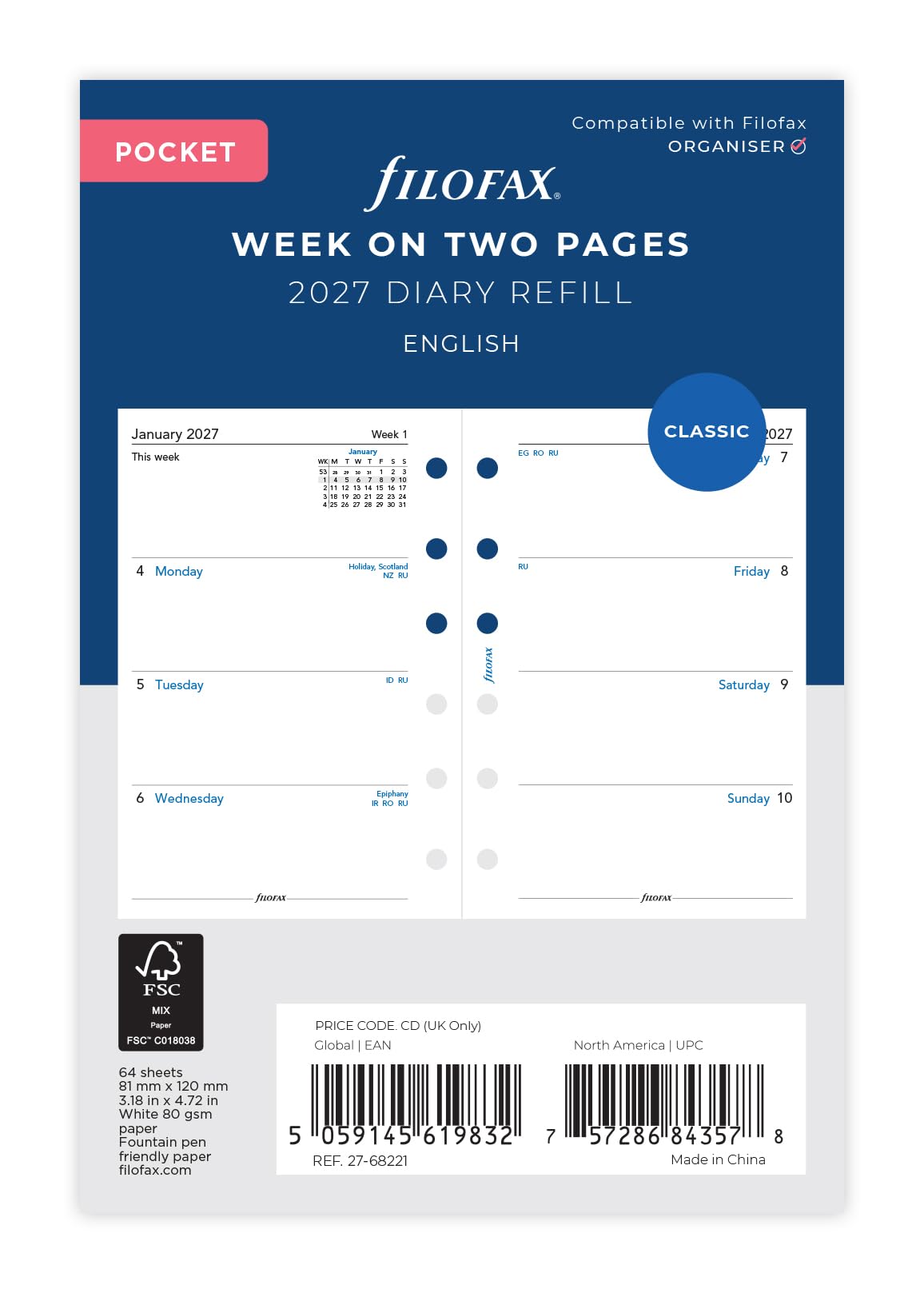 Filofax Pocket 2027 Diary Refill - Week on Two Pages | English | 81mm x 120mm