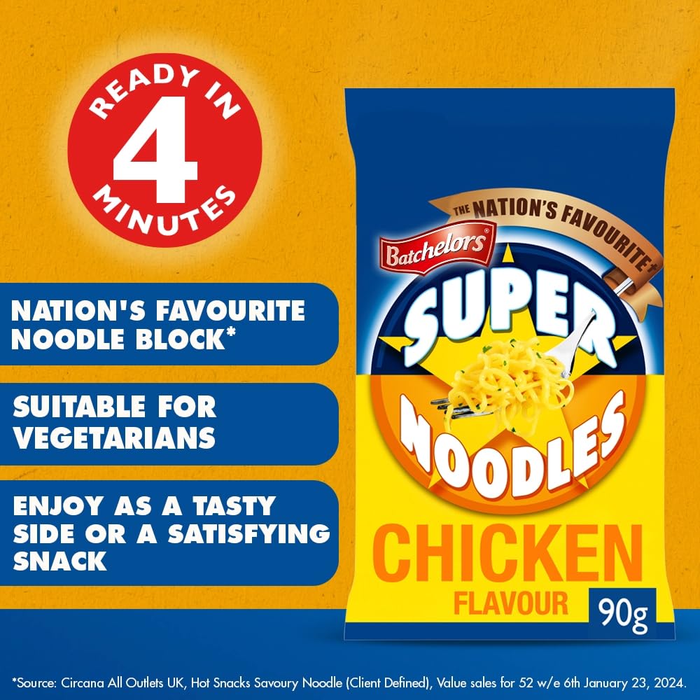 Batchelors Super Noodles Chow Mein Flavour - Instant Meal, Ready in 4 Minutes | 90g Pack 3