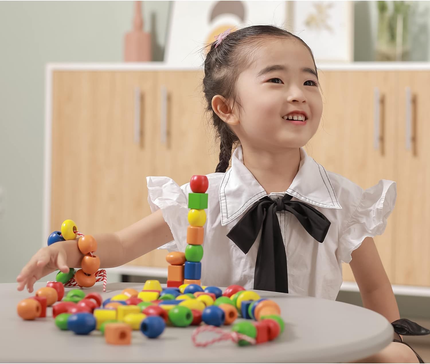 Viga Wooden Jumbo Lacing Beads Tub - Educational Threading Toy for Kids 3+ 4