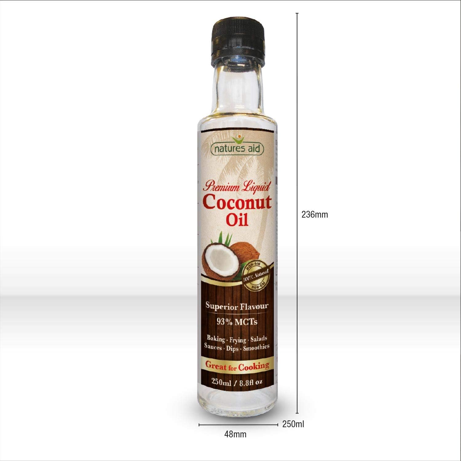 Natures Aid Premium Liquid Coconut Oil, 250ml – Non-Hydrogenated with 93% MCTs for Cooking & Baking
