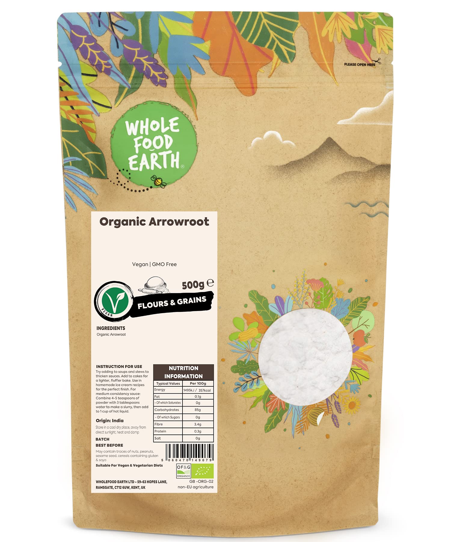Wholefood Earth Organic Arrowroot Starch 500g - Vegan, GMO-Free, Certified Organic
