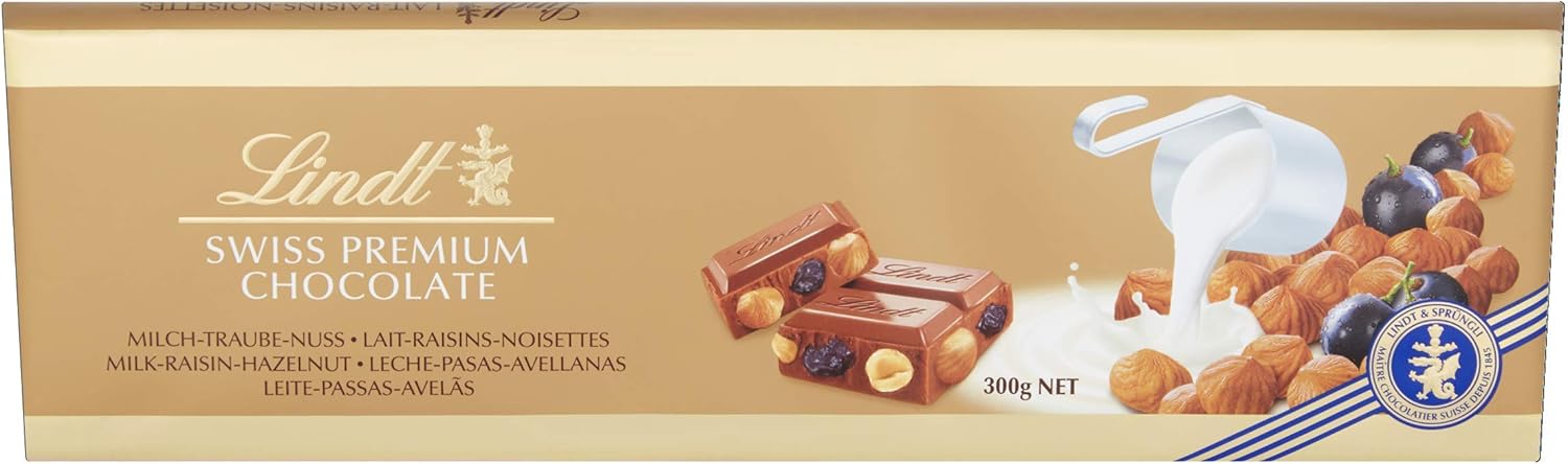 Lindt Schweizer Milchschokolade Haselnuss und Rosinen Goldtafel 300g
