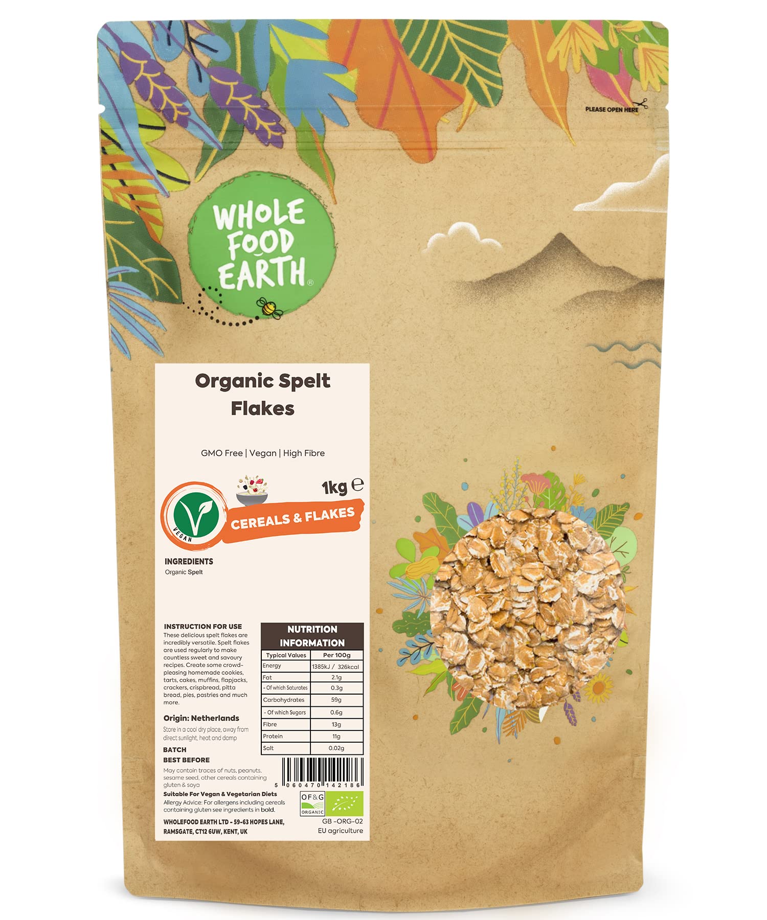 Wholefood Earth Organic Spelt Flakes – 1kg | Vegan | GMO Free | High Fibre