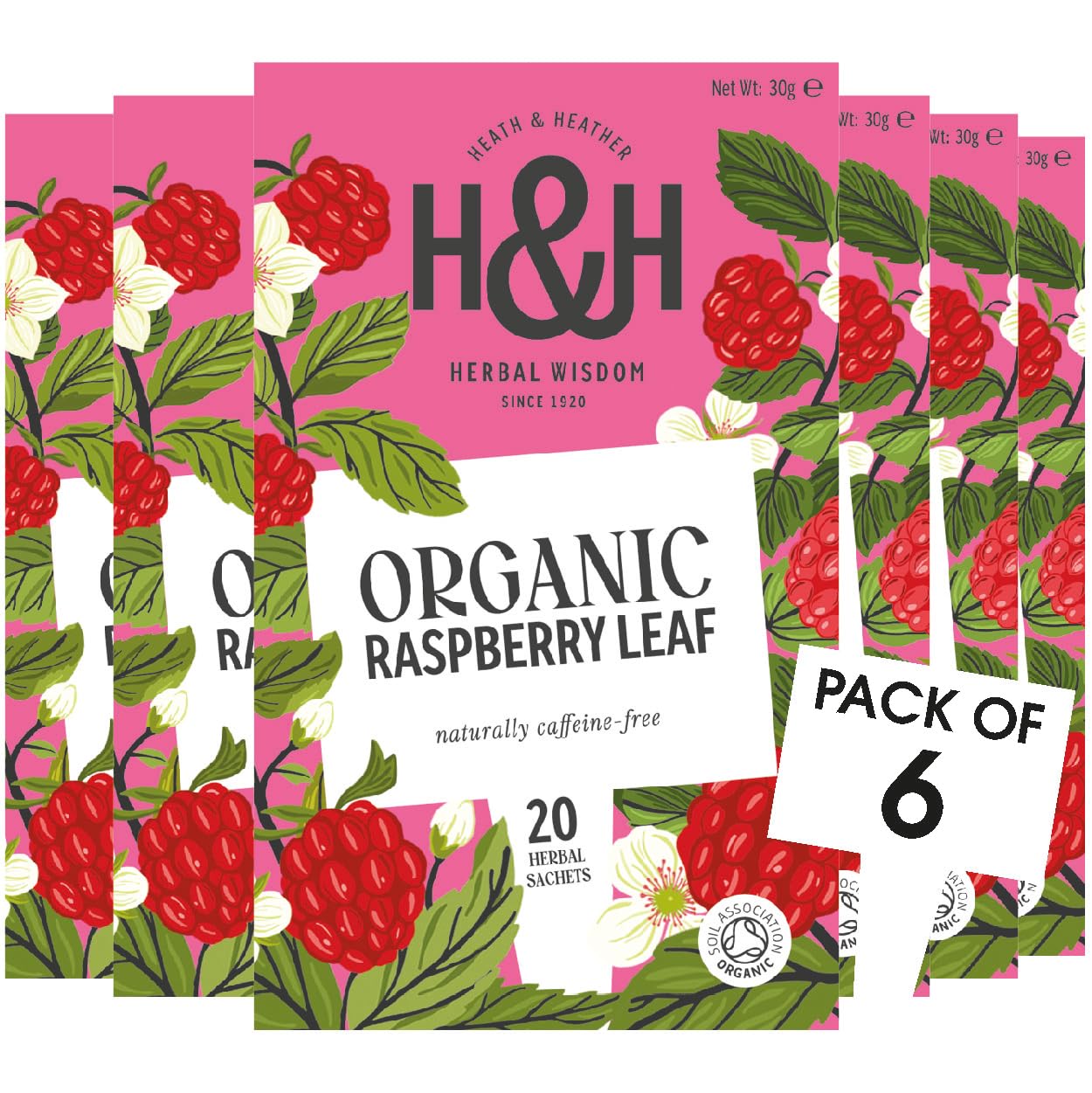 Heath & Heather Organic Raspberry Leaf Teabags (6 Packs of 20, 120 Total) Individually Wrapped Caffeine-Free Herbal Tea