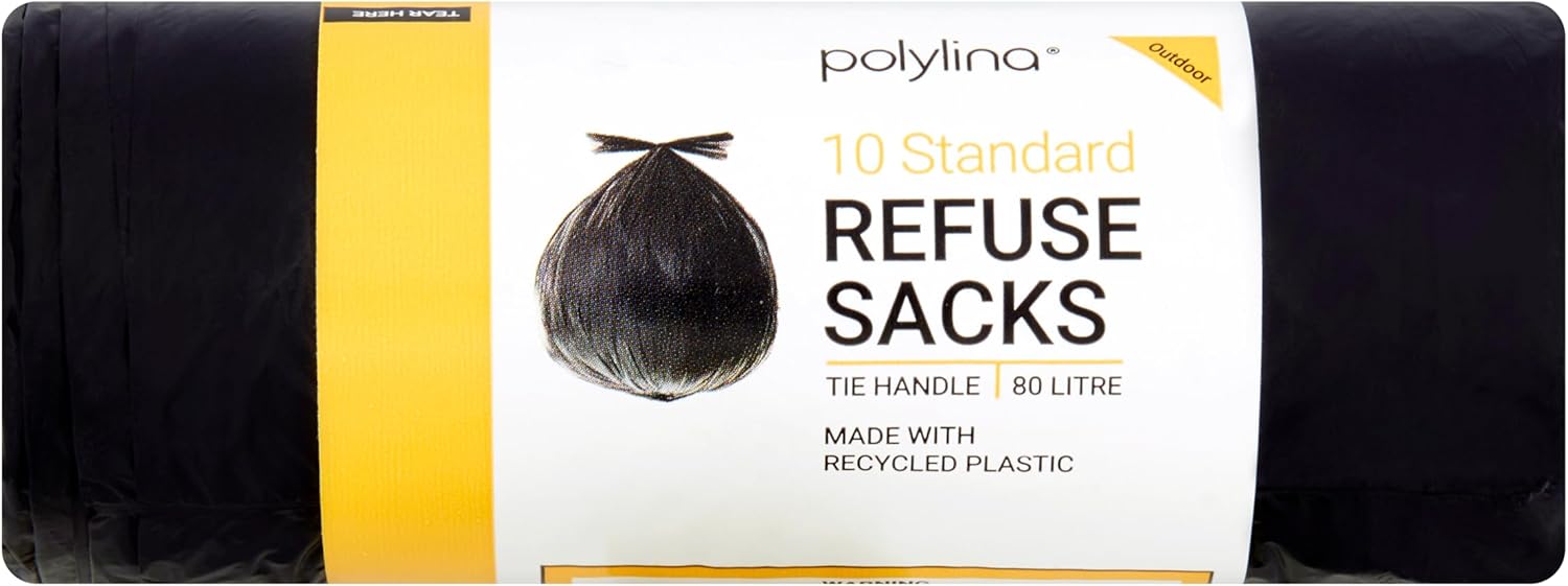 Polylina 10er-Pack Müllsäcke mit Bindegriff, 80 Liter schwarze Müllsäcke aus recyceltem Kunststoff