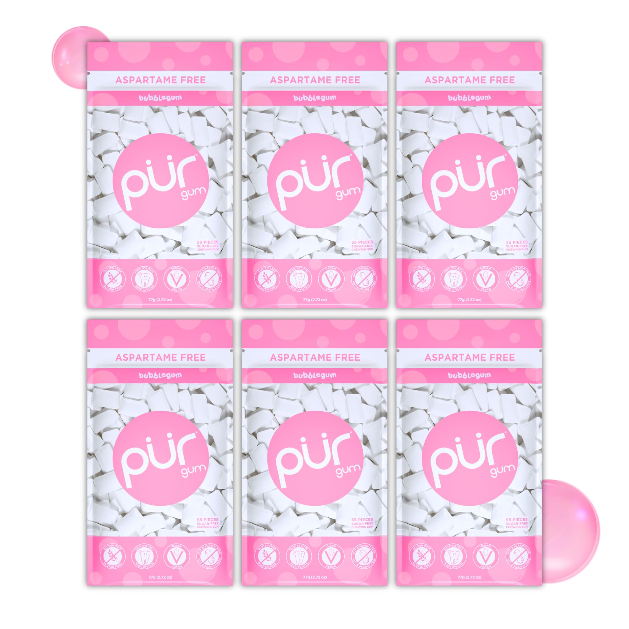 PUR Gum Sugar Free Chewing Gum, Natural Bubblegum Flavor, Xylitol Sweetened, 55 Count (Pack of 6) 1