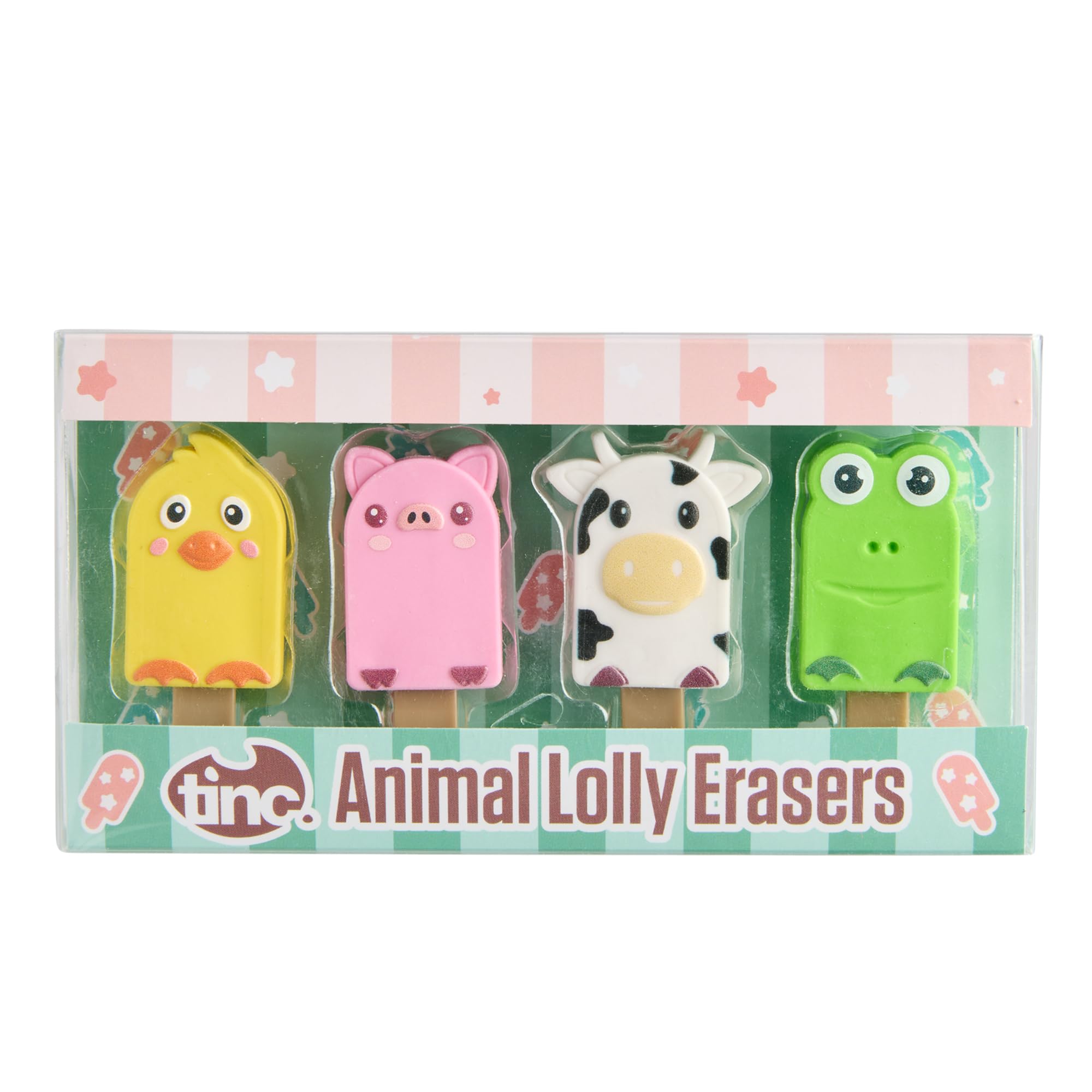 Tinc Animal Lolly Erasers Collection - Chick, Pig, Cow & Frog Pencil Erasers in Display Box