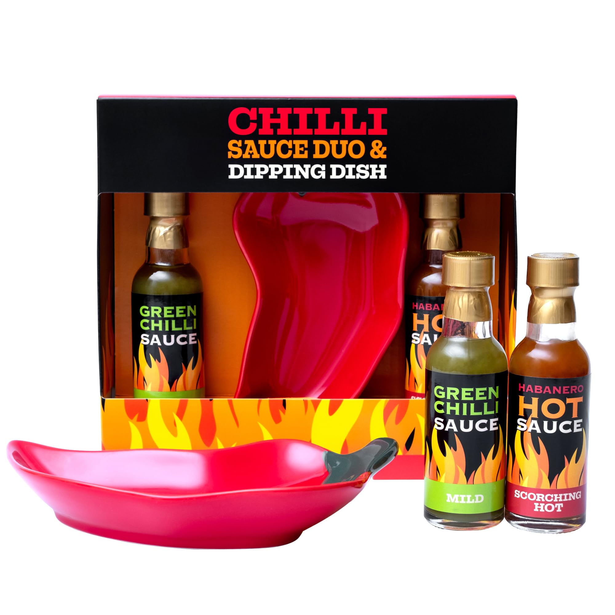Hot Sauce Gift Set - Mild Green Chilli & Habanero Sauce Duo with Chilli Shaped Dipping Dish