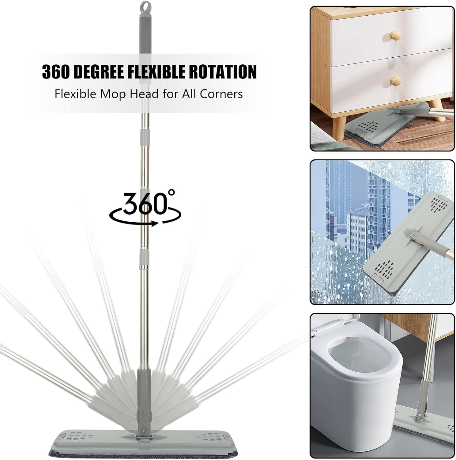 ASelected - Flat Mop and Bucket Set with Hands-Free Squeeze, 10 Reusable Microfiber Pads, Stainless Steel Handle 3