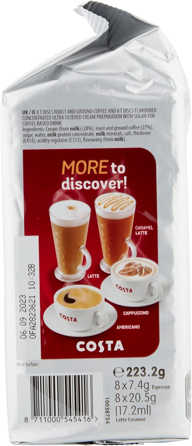 Tassimo Costa Latte Medium Roast Coffee Pods (Pack of 5, 40 Drinks Total)