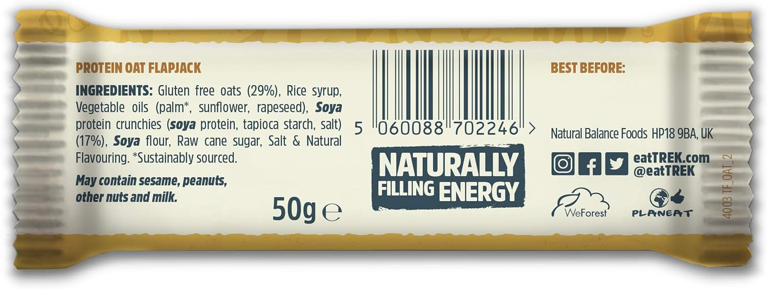 TREK Original Oat High Protein Flapjack - Gluten Free, Plant Based, Vegan - 16 x 50g Bars