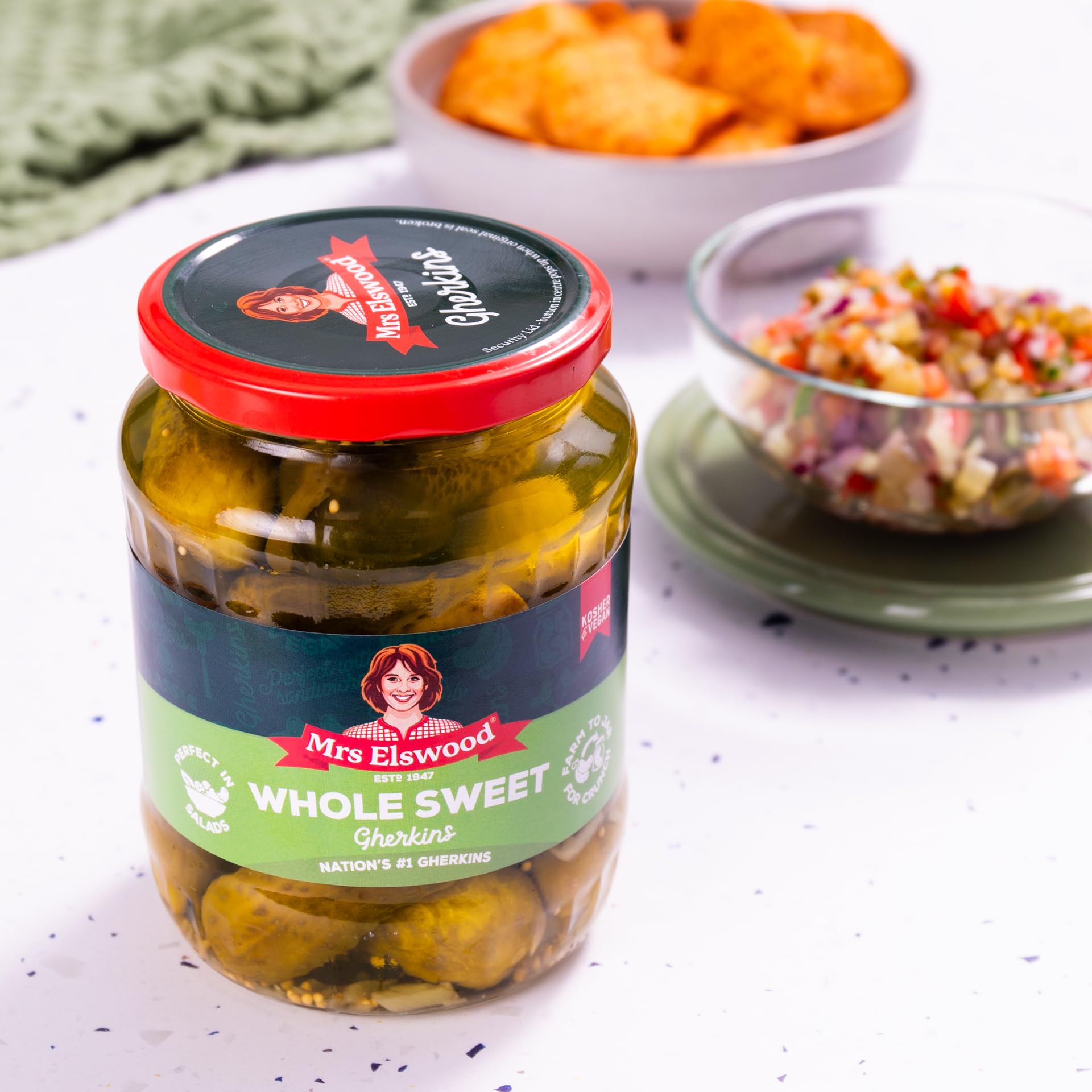 Elswood Ganze süße Gurken, 670 g Glas 12