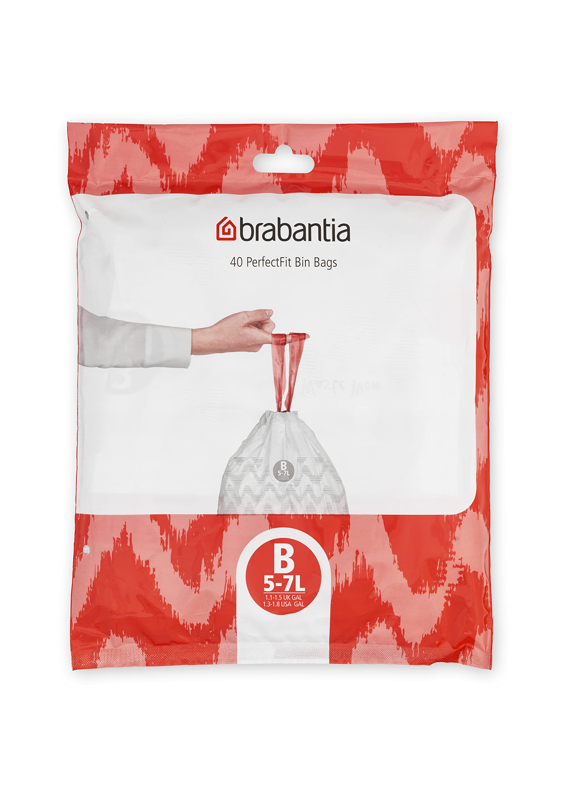 Brabantia PerfectFit Bin Liners - Size B (5L Capacity) | Tear-Resistant Plastic Tie-Tape Drawstring | 40 White Bags