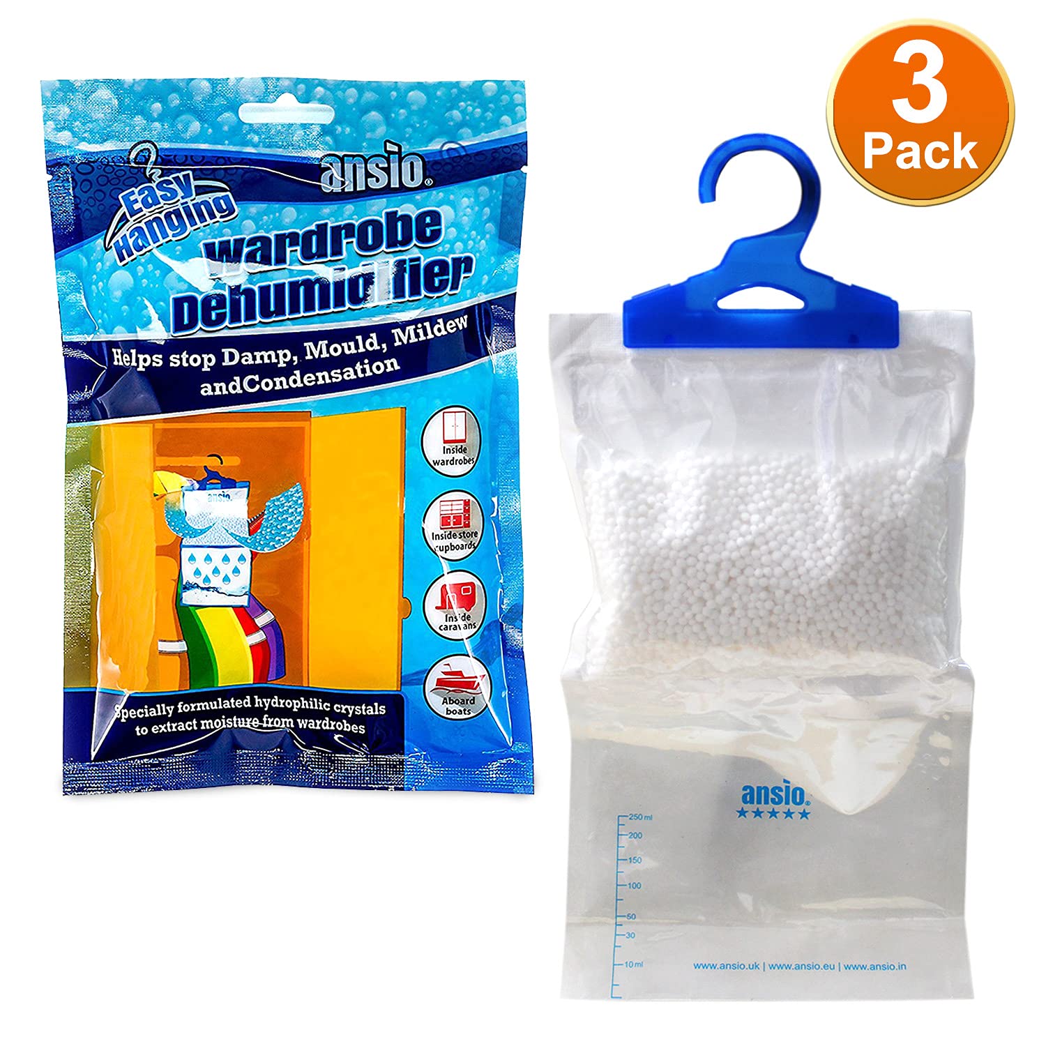 ANSIO Wardrobe Dehumidifier Disposable Hanging Bags - Pack of 3 | Absorbs Damp & Condensation