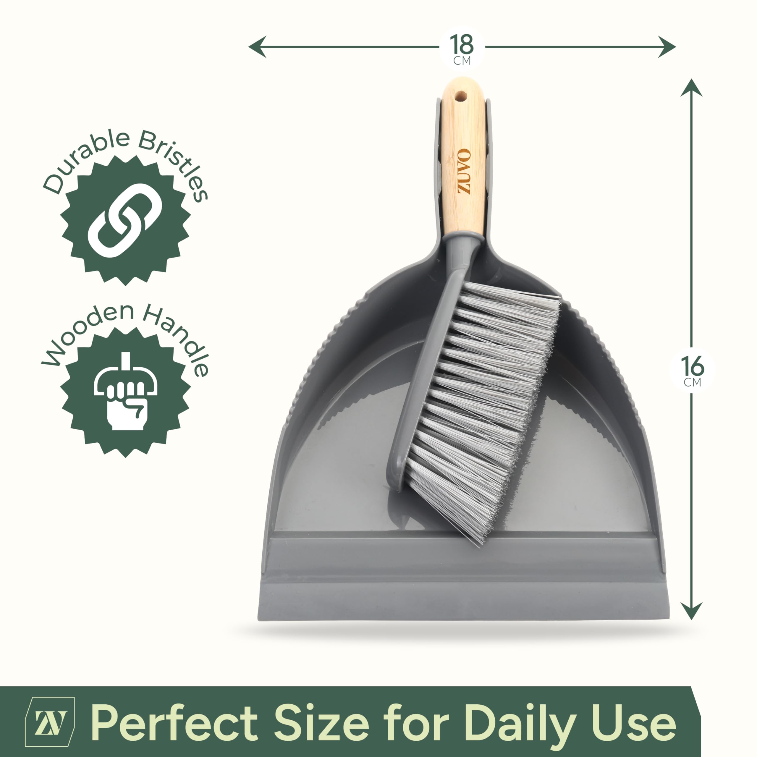 Zuvo Dustpan and Brush Set - Premium Bamboo Handle | Heavy Duty Bristles | Indoor/Outdoor Use