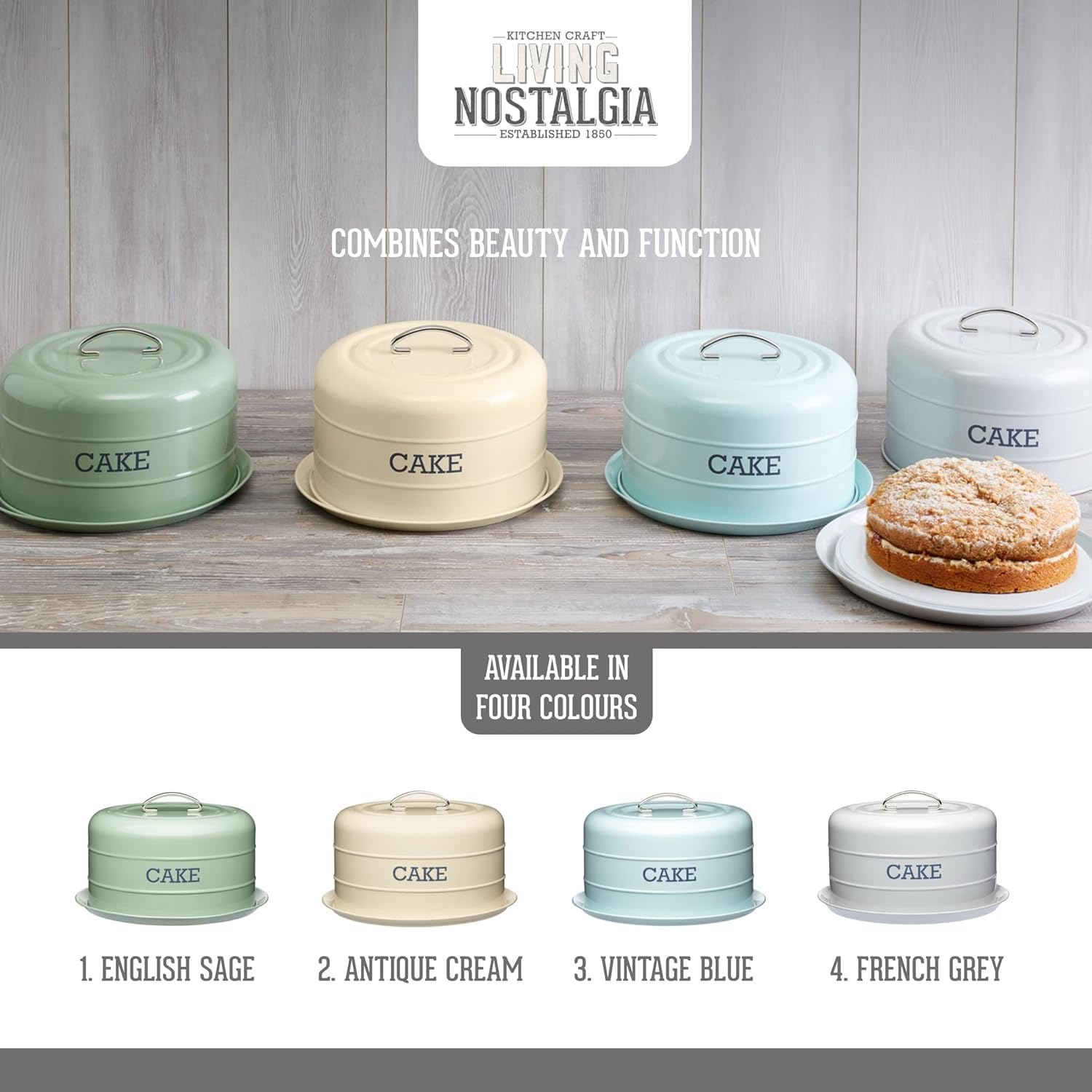 KitchenCraft Living Nostalgia Cake Storage Tin - Airtight Cake Dome, 28.5 x 18 cm, English Sage Green 14