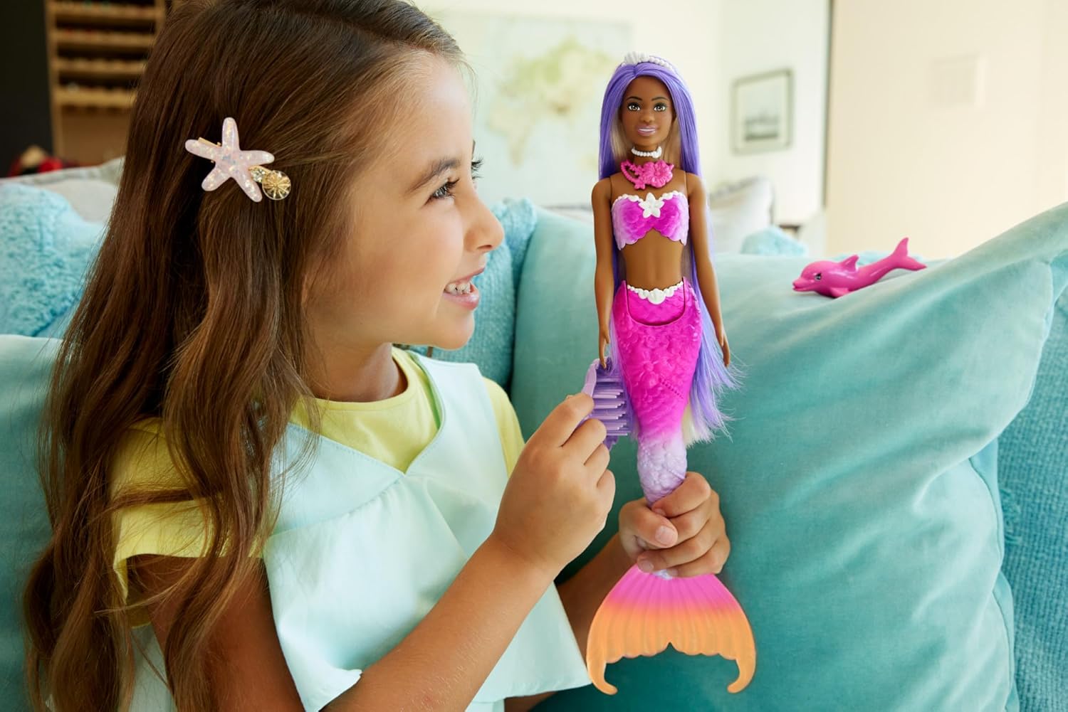 Barbie Mermaid Doll - Brooklyn with Pink Hair, Styling Accessories & Pet Dolphin 3