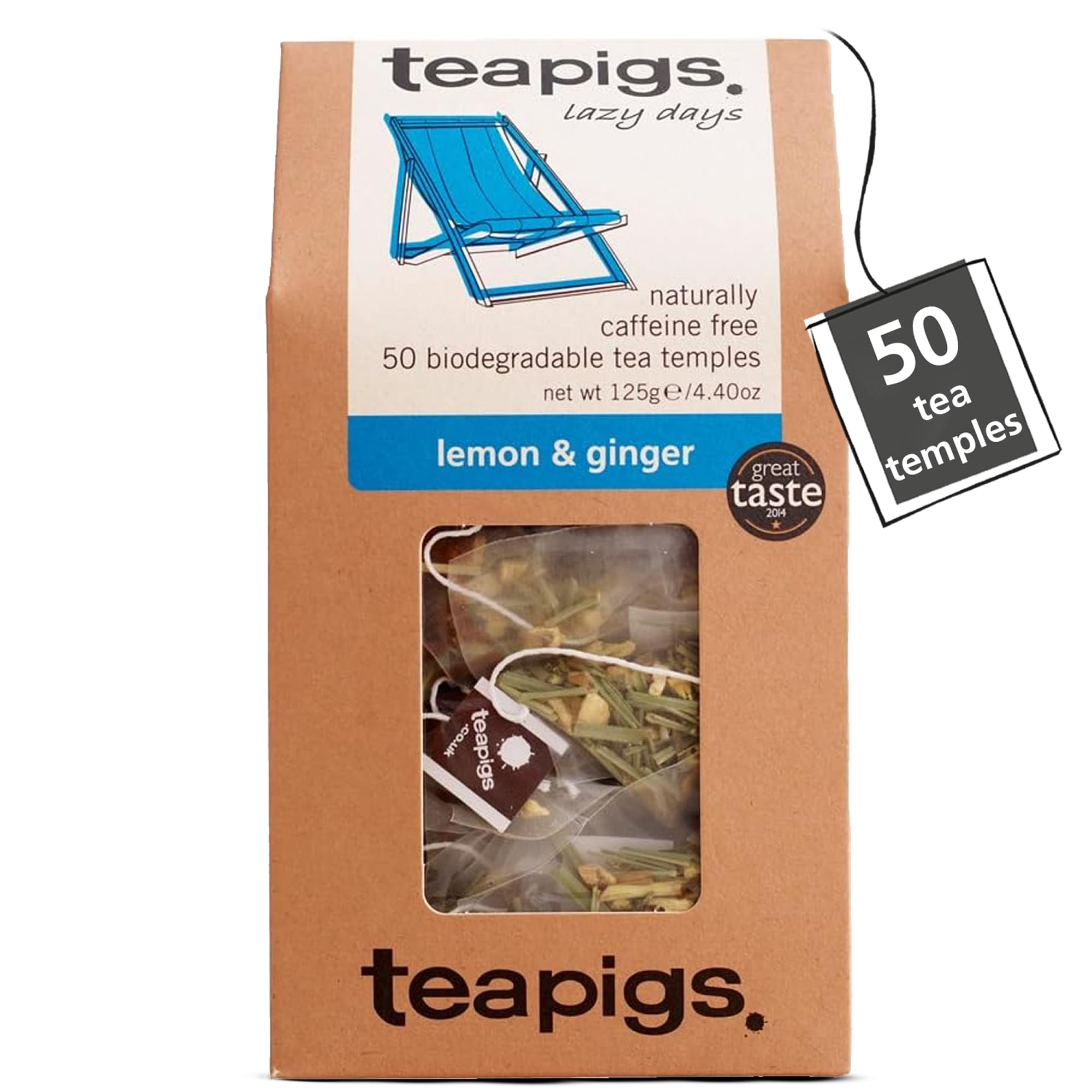 teapigs Lemon Ginger Herbal Tea Bags - 50 Biodegradable Tea Temples, Caffeine-Free with Ginger, Lemongrass & Lemon Peel
