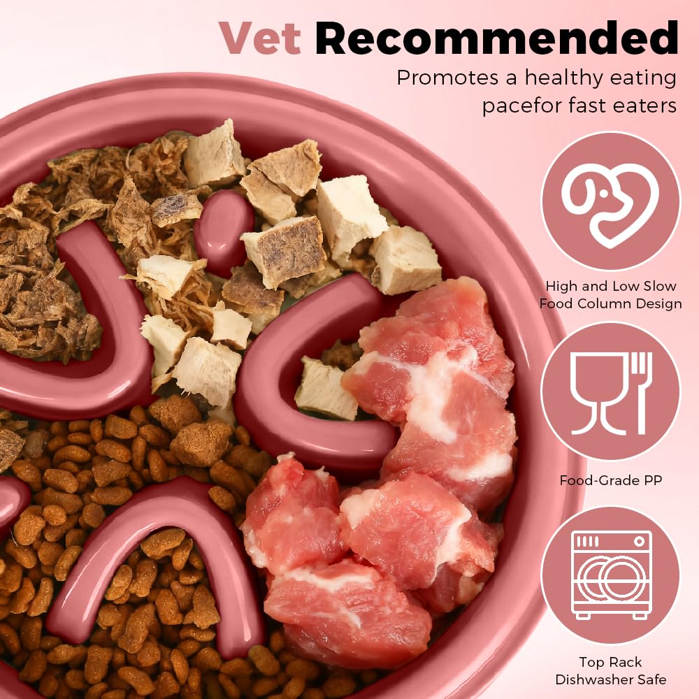 Woobroo Slow Feeder Dog Bowl - Anti-Choking Puzzle Design | Holds Up to 2 Cups | Pink