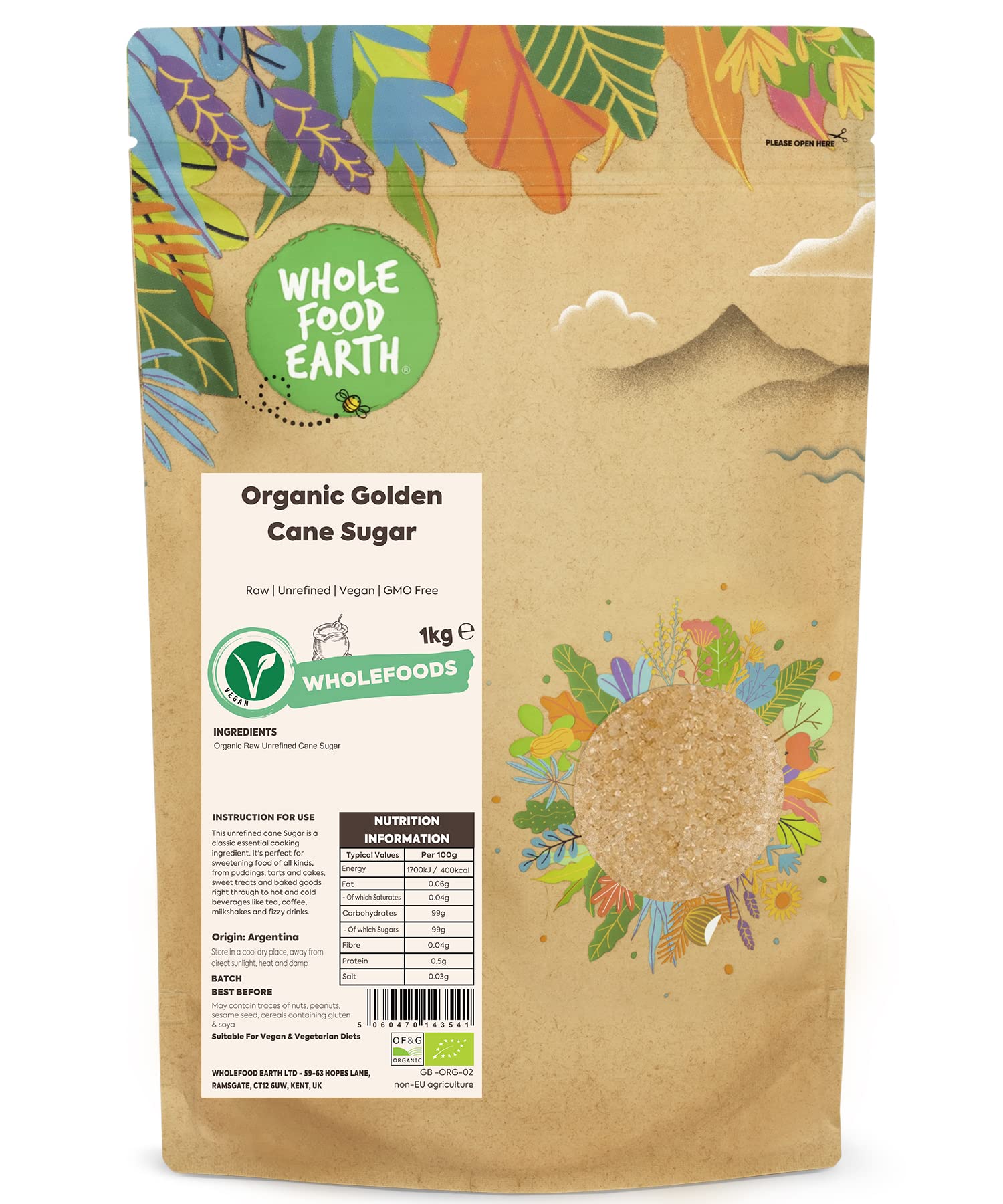 Wholefood Earth Bio-Rohrzucker, 1 kg | Unraffiniert | Vegan | Roh