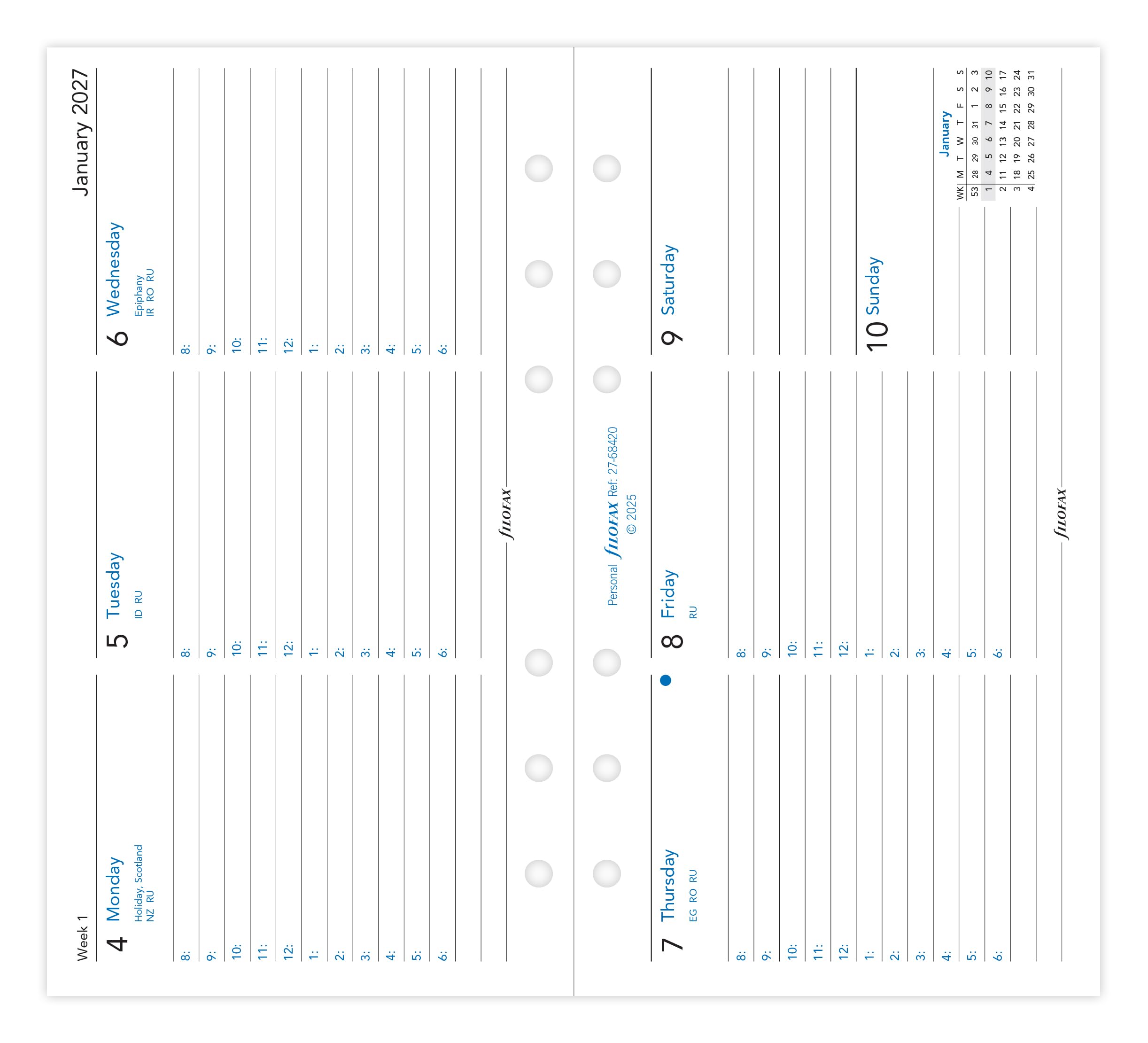Filofax Personal 2027 Diary Refill - Week on Two Pages Horizontal | 95mm x 171mm