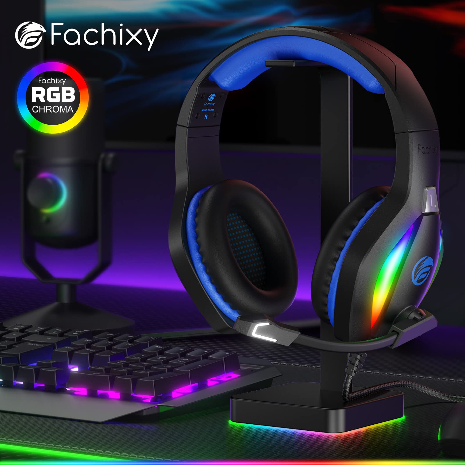 Fachixy FC-100 Gaming-Headset für PS4, PS5, PC, Xbox One, Switch – RGB-Beleuchtung, 50-mm-Treiber, Mikrofon mit Geräuschunterdrückung 5