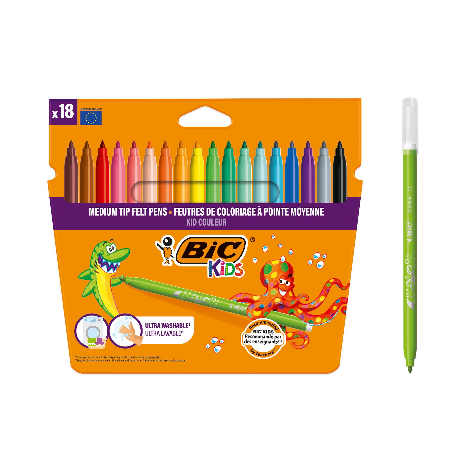 BIC Kids Kid Couleur Felt Tip Colouring Pens - Assorted Colours, Water-Based, Cardboard Wallet of 18 1