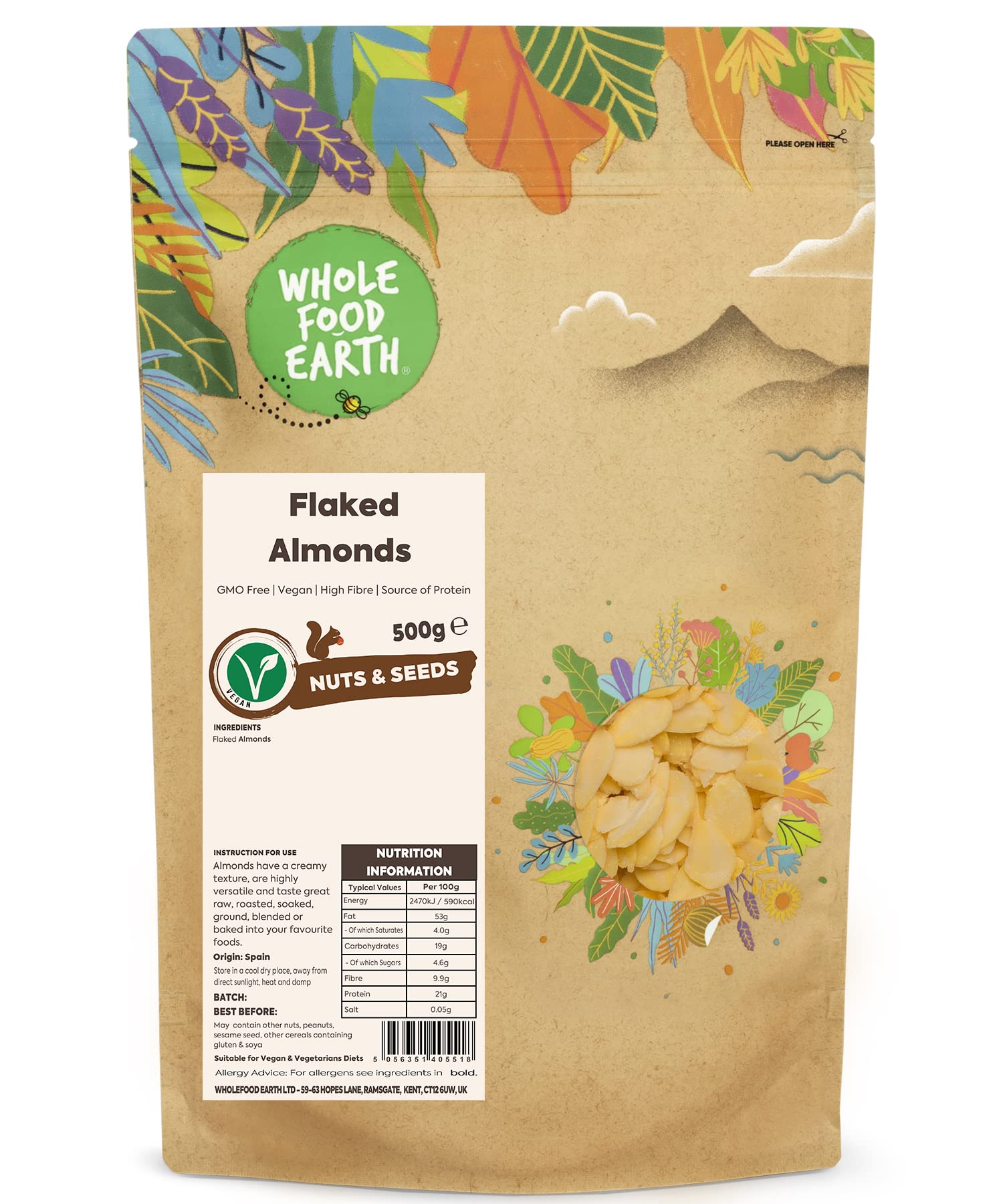 Wholefood Earth Flaked Almonds 500g | GMO-Free | High Fibre | Vegan | Recyclable Packaging
